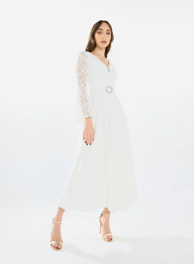 House of Moda Women Lace Flare Sleeve Midi Dress